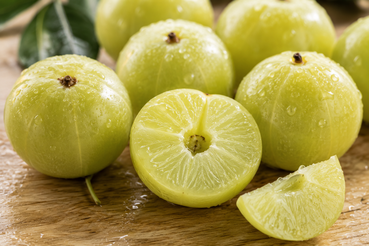 Fresh amla berries on a wooden board