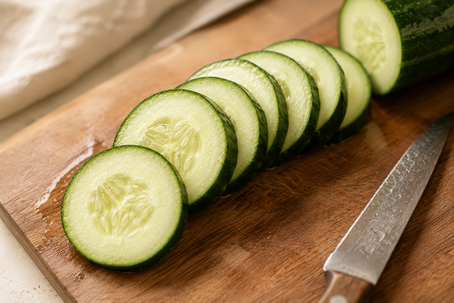 Cucumber slices on a wooden board